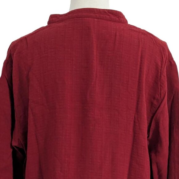 Eileen Fisher Red Button-Down Linen-Blend Long-Sleeve Shirt with Mandarin Collar - Picture 4 of 8